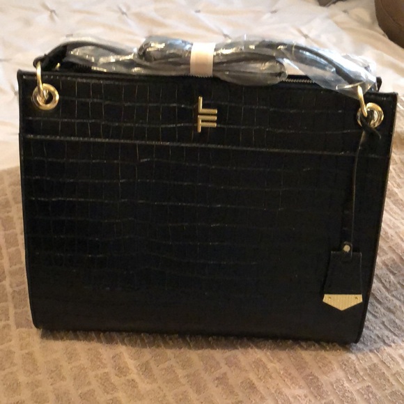 London Fog Brielle Croco Black Satchel with embroidered square design. - Picture 2 of 8